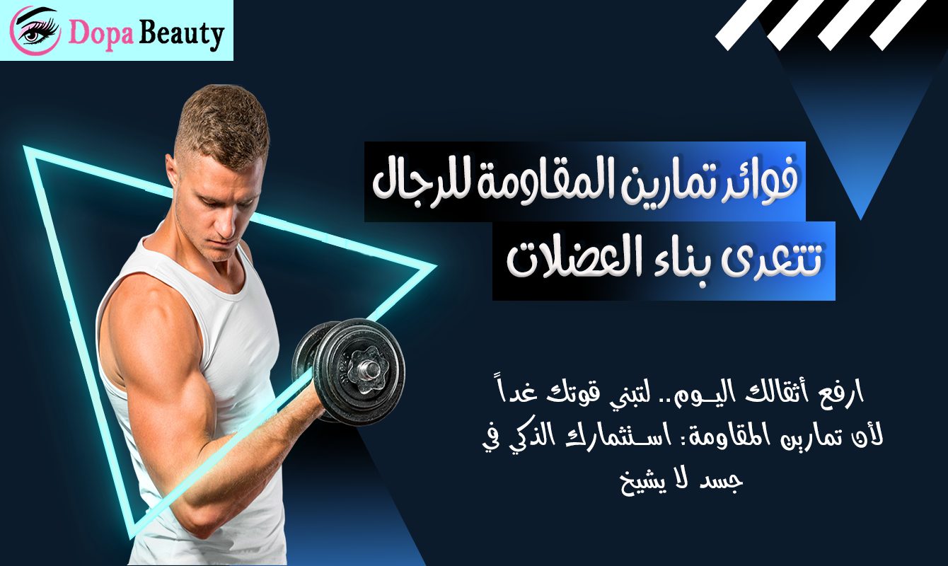 تصميم بالازرق والاسود فيه صورة شاب يقوم بأحد تمارين المقاومة رفع الأثقال وبالجانب الثاني عنوان المقال وتعريف بسيط بمحتوى المقال