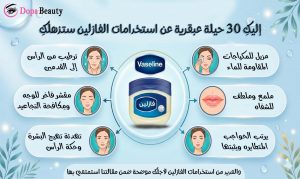 صورة بلون سماوي وازرق بتصميم يشبه الخريطة فيها بالوسط علبة فازلين ويتفرع منها وجه فتاة بعدة اشكال تستعرض بعض من استخدامات الفازلين وماهو محتوى المقالة بشكل مختصر
