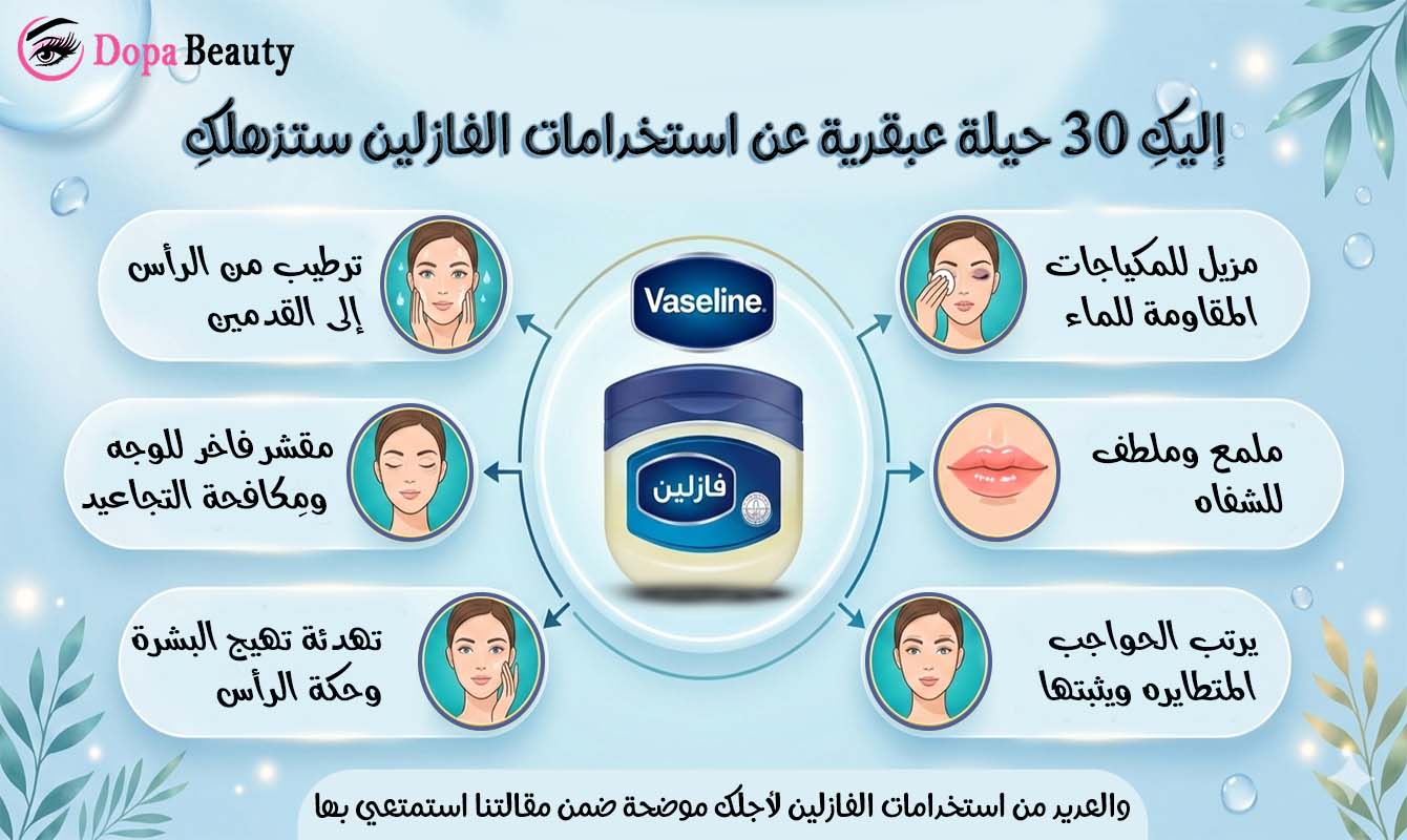 صورة بلون سماوي وازرق بتصميم يشبه الخريطة فيها بالوسط علبة فازلين ويتفرع منها وجه فتاة بعدة اشكال تستعرض بعض من استخدامات الفازلين وماهو محتوى المقالة بشكل مختصر