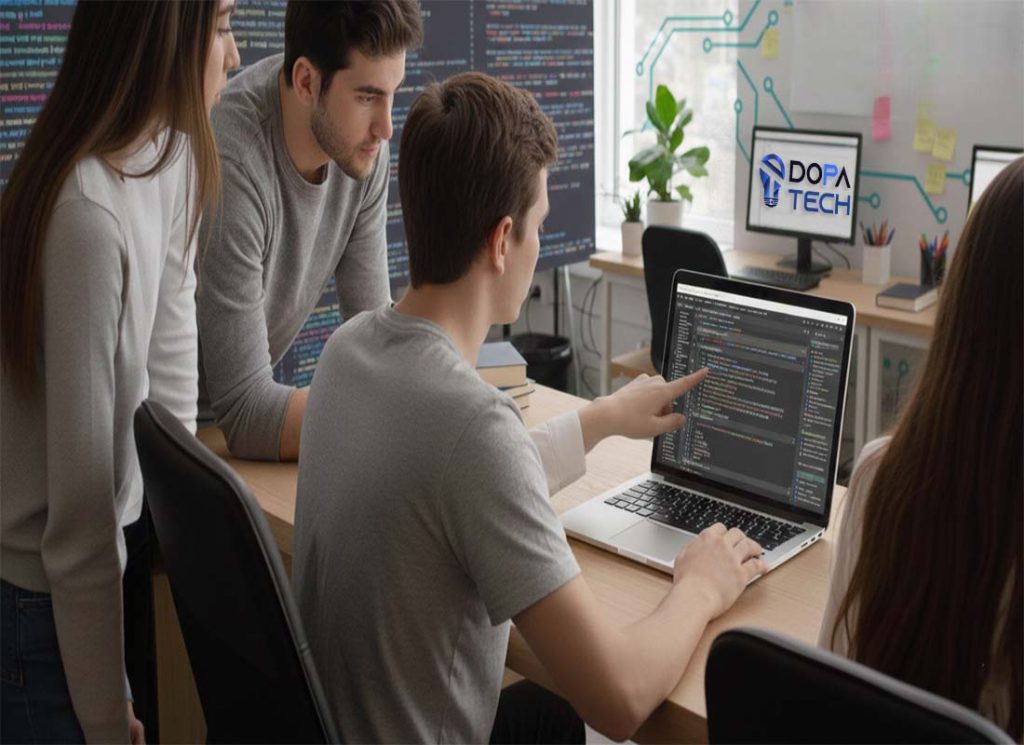 مجموعة من المبرمجين الشباب والبنات يعملون معاً كفريق في مكتب برمجي وتظهر بالصورة غرفة على أحد جدرانها لوحة لكود برمجي وحواسيب ومكاتب