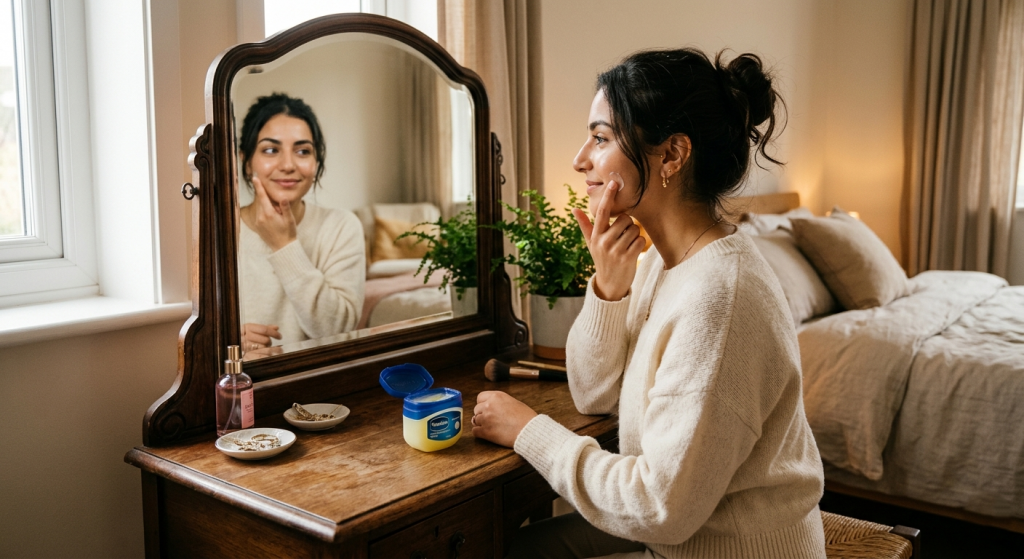 صورة فتاة شابة تجلس أمام المرآة في غرفتها وتضع الفازلين على وجهها