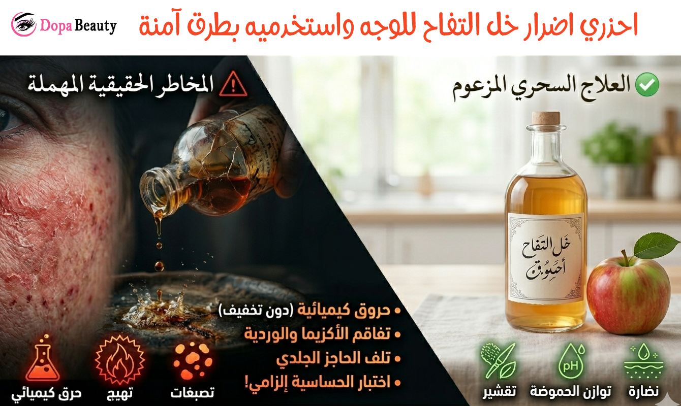 صورة مقسومة لقسمين الجانب الايمين فيه زجاجو مليئة بخل التفاح وشرح يعبر عن فوائده والجانب الايسر فيه عبوة قديمة من خل التفاح وبشرة متعبة متحسسة من خل التفاح وشرح يوضح اضراره