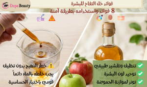صورة مقسومة لقسمين بالجهه اليمنى زجاجة خل تفاح وبجانبها تفاح وكتابة توضع فوائدة وايقونات عن الفوائد، والجهه اليسرى عبوة فيها ماء ويد تقوم بخلط خل التفاح مع الماء وايقونات تحذير من استخدامه وعبارات توضح اضرارة