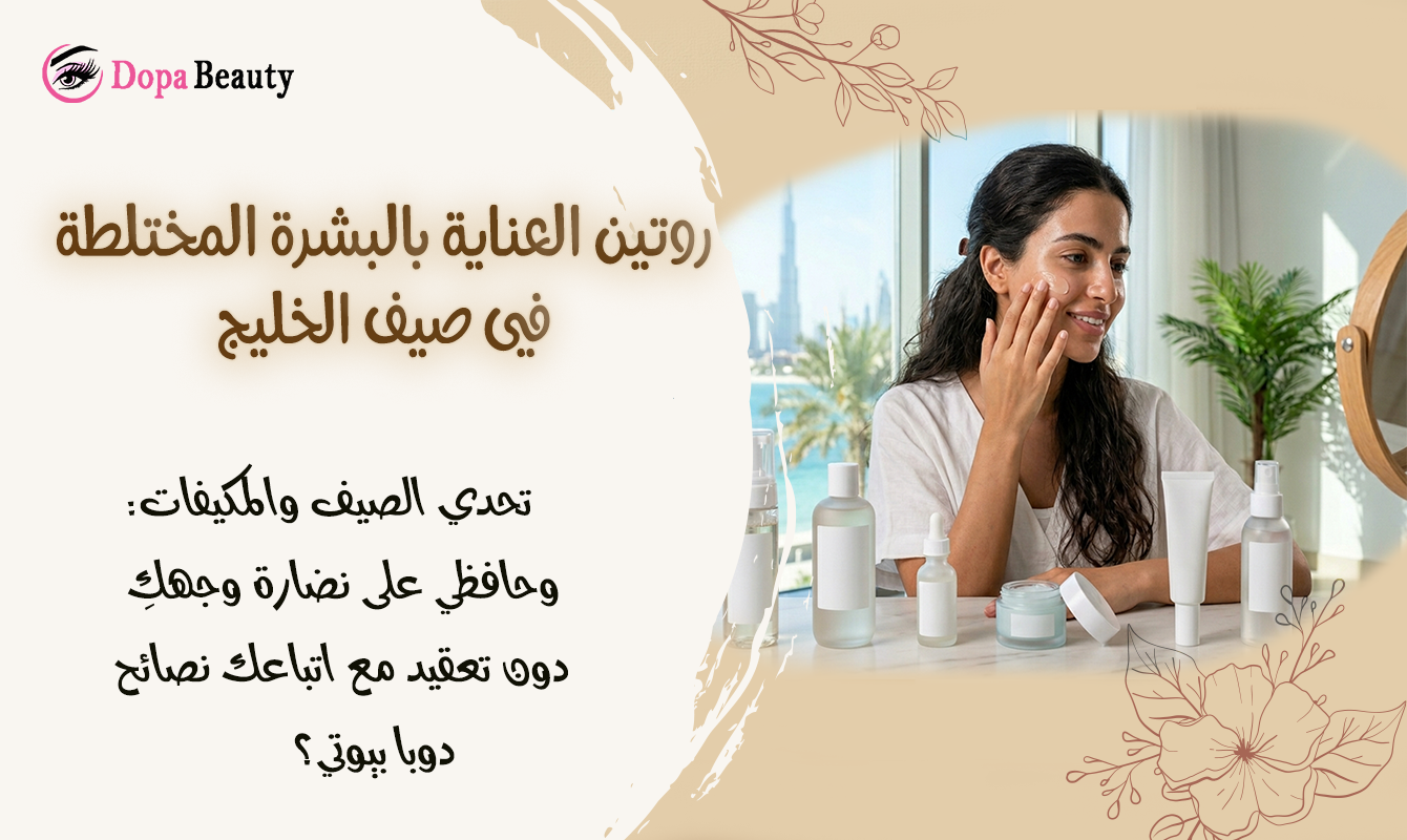فتاة تجلس على طاولتها امام المرآة تضع مرطب وتونر وتعتني ببشرة وجهها وجمل توضح فكرة المقالة