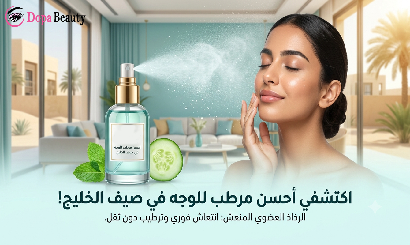 صورة لفتاة وبجانبها علبة مرطب رذاذ يتطاير منها رذاذ على وجهها وتعتني به وبجانب العبوة قطعة خيار وعرق نعنع