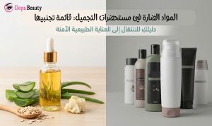 صورة مقسومة لنصفين الجهه اليمنى فيها عبوات تجميل صناعية والجهه اليسرى عبوة ومواد تجميل طبيعية لتوضيح المقارنة وفكرة المقالة وبالأعلى يوجد عنوان المفالة