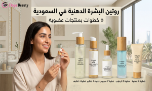 صورة فتاة تمسك عبوة بيدها وتضع امامها مجموعة عبوات عناية بالبشرة