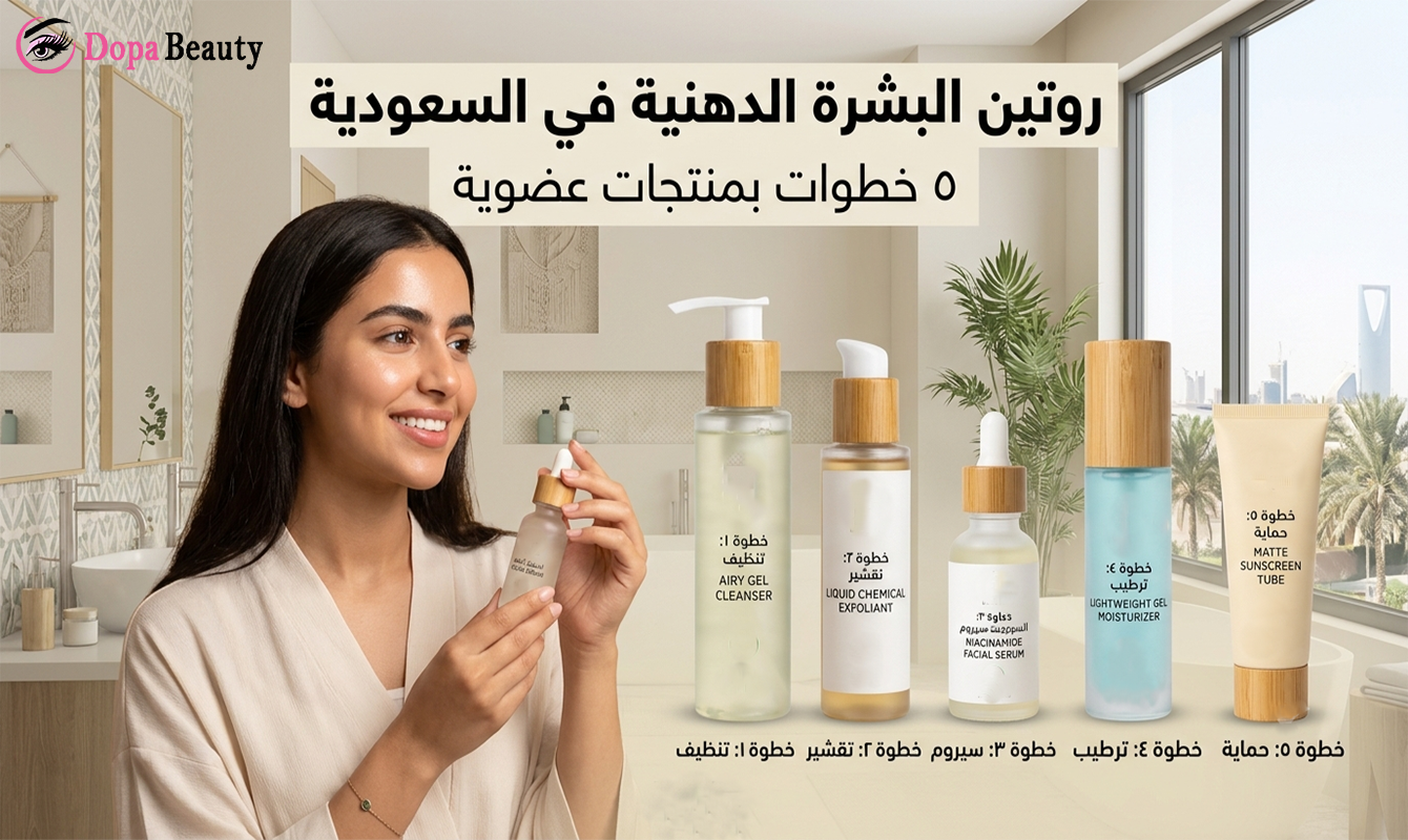 صورة فتاة تمسك عبوة بيدها وتضع امامها مجموعة عبوات عناية بالبشرة