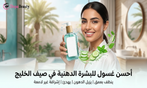 فتاة تستخدم غسول للبشرة وتظهر بالصورة أهمية الغسول صيفاً في الخليج