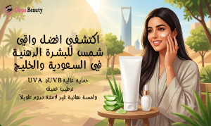 صورة فتاة تجلس في الطبيعة امامها صبار وعلبة واقي شمس وتضع منها على وجهها وورائها ابنية في الخليج وبجانب الصورة عبارات توضع فكرة المقال