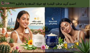 صورة لفتاة بالجهة اليسرى تقوم بالترطيب النهاري وفتاة اخرى بالجانب الايمن من الصورة تقوم بالترطيب الليلي والصور محاطة بالمواد العضوية كالصبار والورد والكثير غيرها