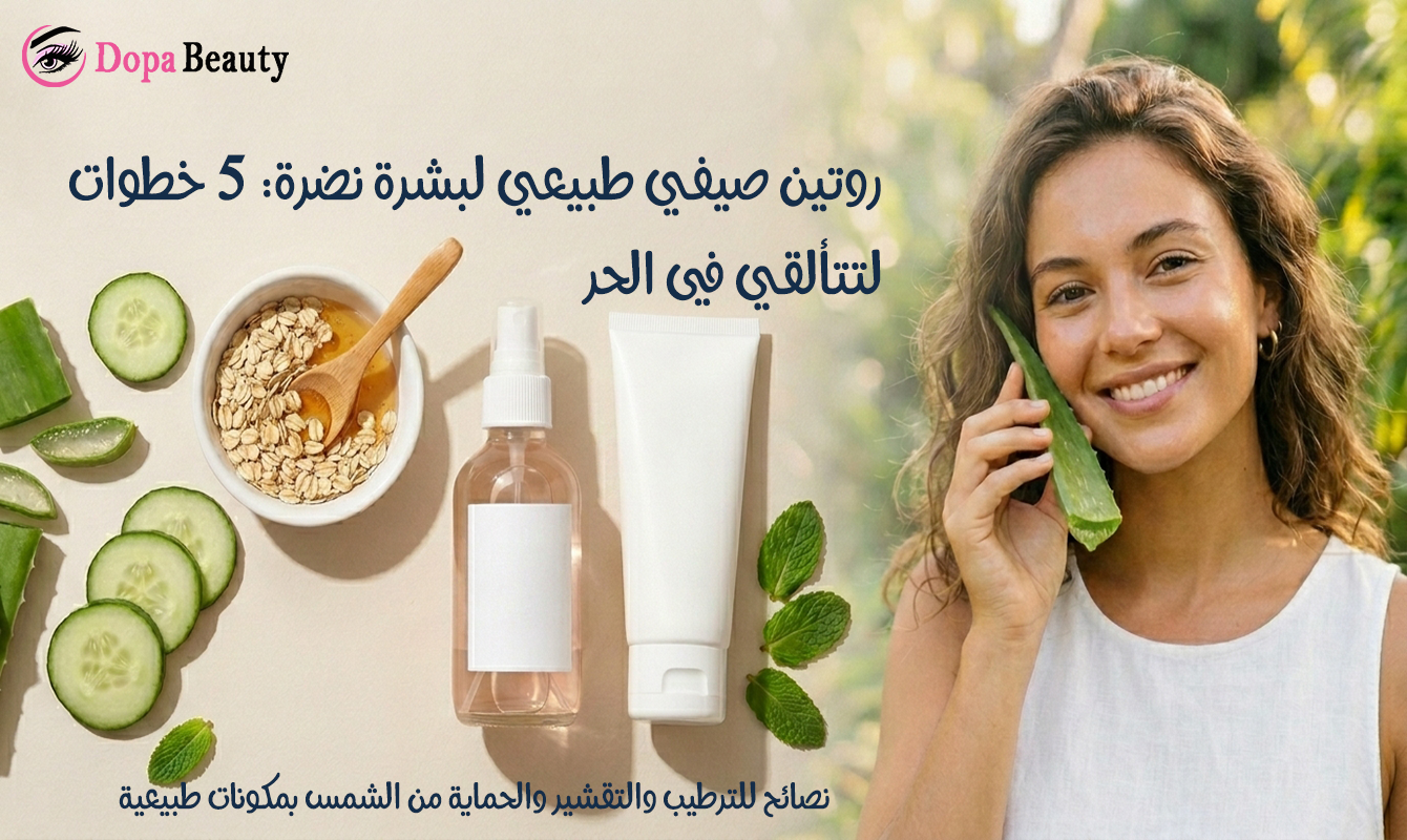 فتاة تمسك بيدها قطعة من ورق الالوفيرا وتضعها علة وجهها وبالجانب الثاني من الصورة عبوة واقي شمس وسيروم ومواد طبيعية كالشوفان والعسل والنعنع والخيار والصبار
