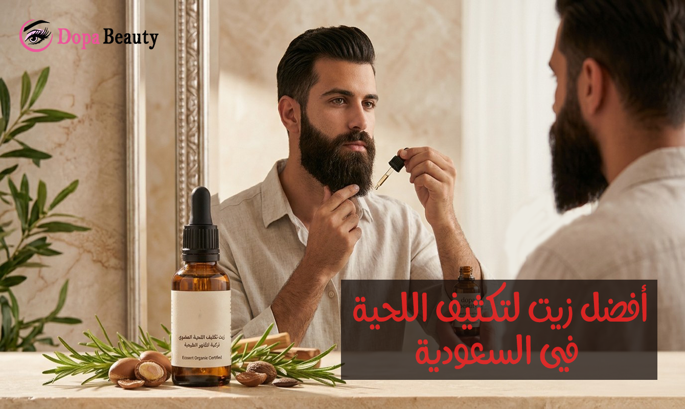 شاب بلحية كثيفة يقف امام المرآة وبيده سيروم زيت لتكثيف اللحية يضع منه على لحيته وبالجانب الآخر من الصورة عبوة سيروم بجانبها اعشاب وبالأسفل عنوان المقال