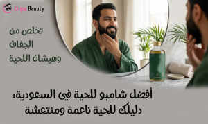 صورة شاب يقف امام المرآة ويده على لحيتة ويبسم وامامة عبوة شامبو خاصة باللحية