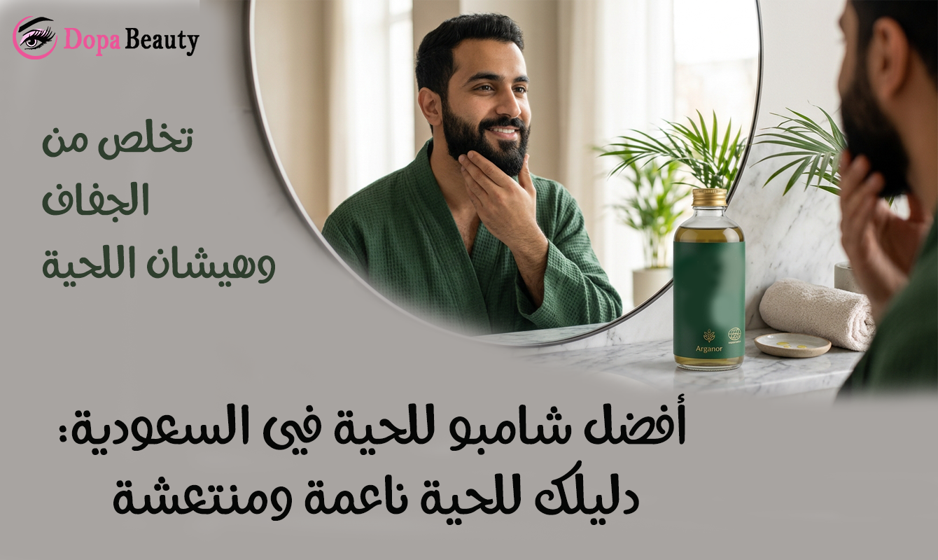 صورة شاب يقف امام المرآة ويده على لحيتة ويبسم وامامة عبوة شامبو خاصة باللحية