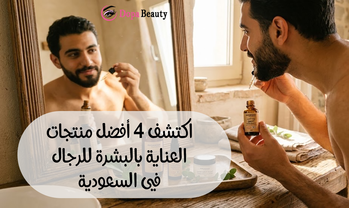 صورة لشاب يقف امام المرآة يقوم بالترطيب والعناية ببشرته وعلى الطاولة امامه منتجات طبيعية