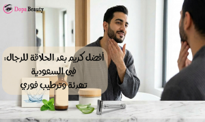 صورة لشاب يقف امام المرآة ويضع كريم على لحيته بعد الحلاقة وامامة على الرف ماكينة حلاقة وعلبة كريم مرطب وعلبة اخرى