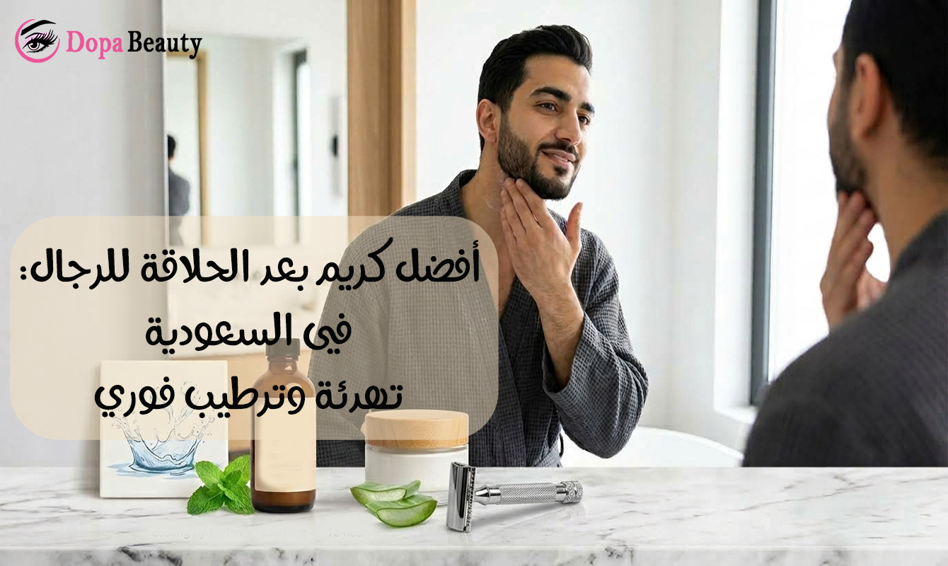 صورة لشاب يقف امام المرآة ويضع كريم على لحيته بعد الحلاقة وامامة على الرف ماكينة حلاقة وعلبة كريم مرطب وعلبة اخرى