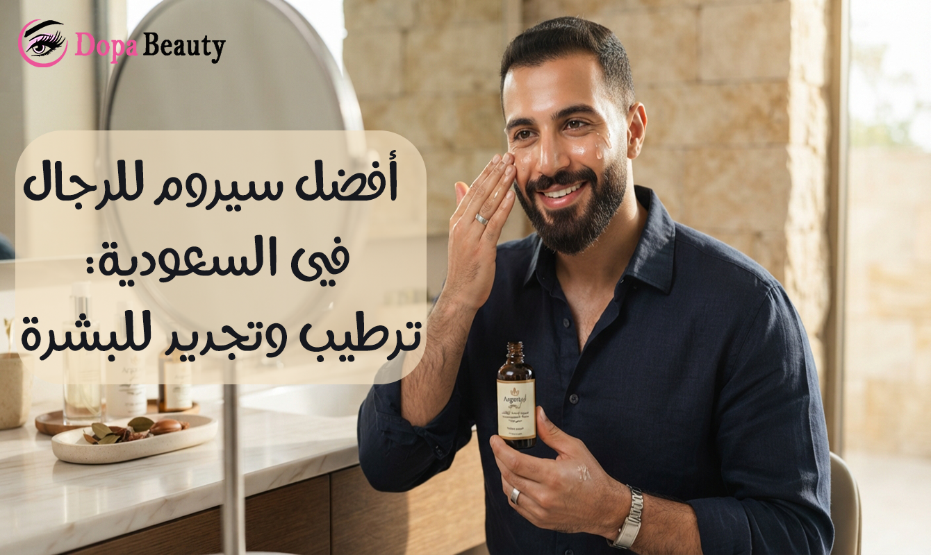 شاب يمسك بيده عبوة سيروم لترطيب البشرة ويجلس امام المرآة ويضع على بشرته